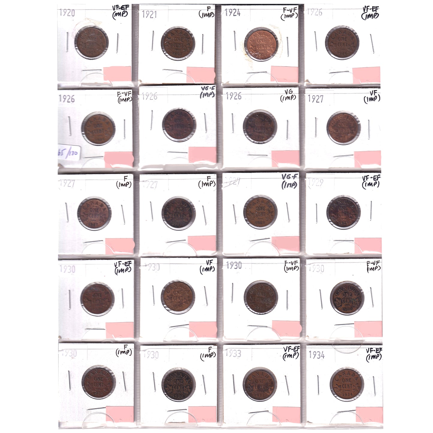 Group Lot of 20x 1920-1934 Canada 1-cents, Very Good to VF-EF, 20pcs (Impaired)