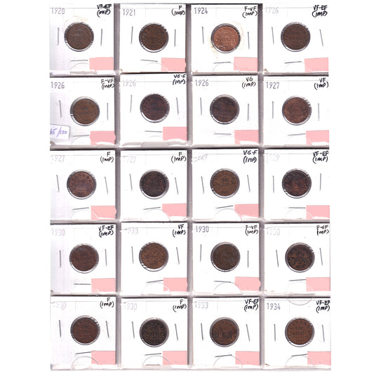 Group Lot of 20x 1920-1934 Canada 1-cents, Very Good to VF-EF, 20pcs (Impaired)