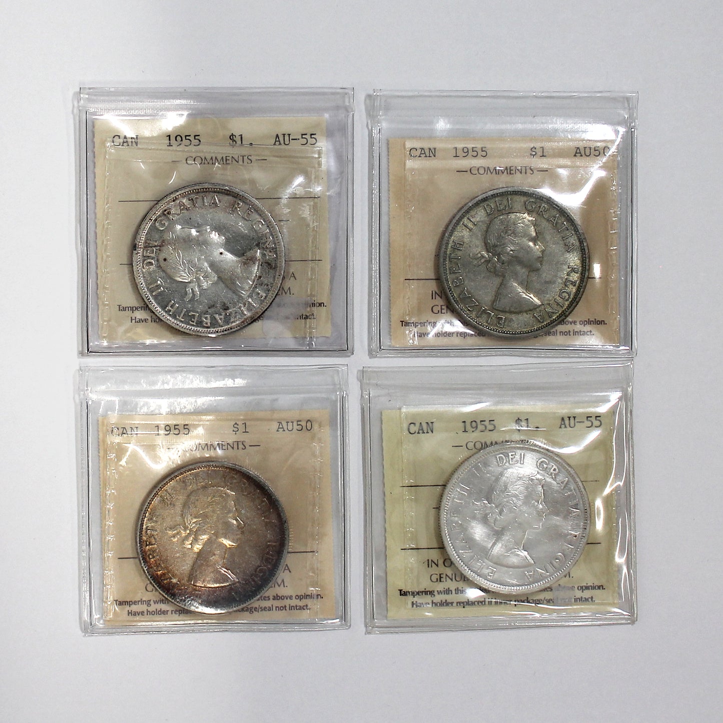 Lot of 4x 1955 Canada Dollars ICCS Certified AU50 to AU55, 4pcs (Toned)
