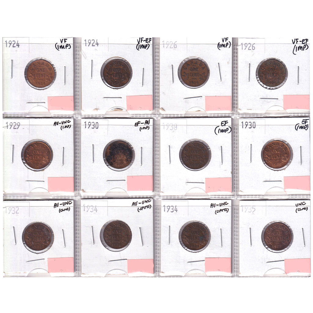 Group Lot of 12x 1924-1935 Canada 1-cent VF to UNC, 12pcs (Impaired)