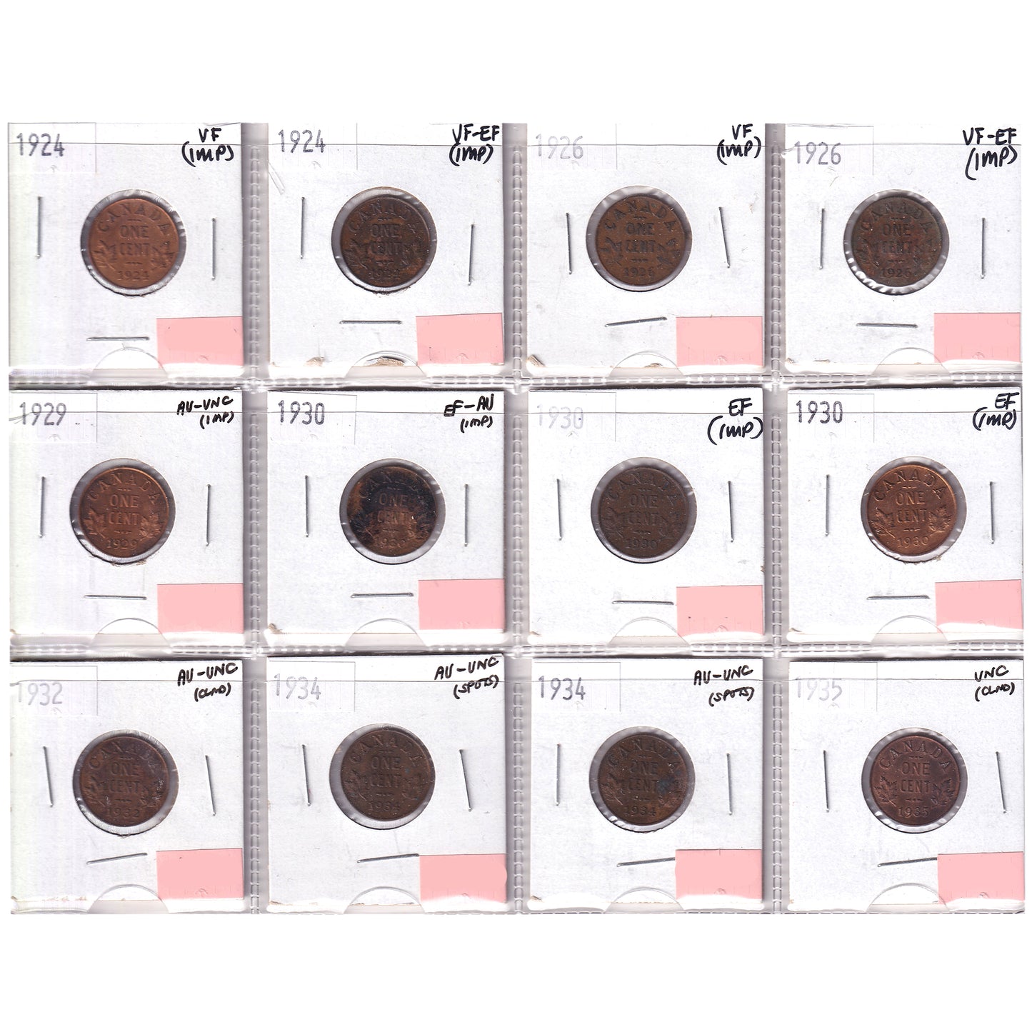 Group Lot of 12x 1924-1935 Canada 1-cent VF to UNC, 12pcs (Impaired)