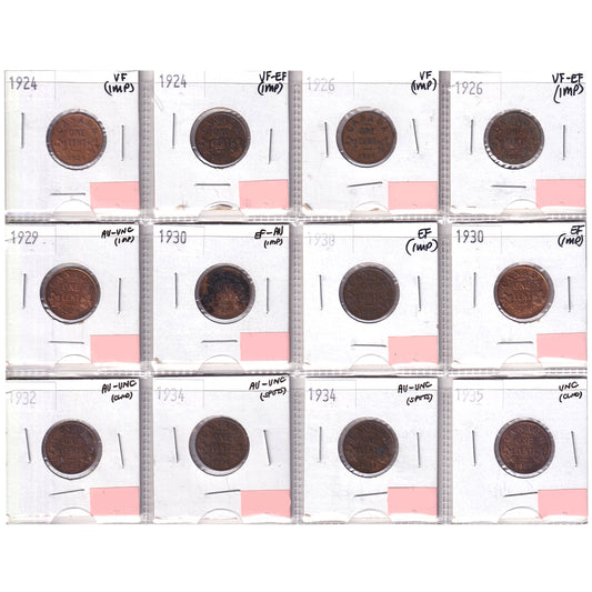 Group Lot of 12x 1924-1935 Canada 1-cent VF to UNC, 12pcs (Impaired)