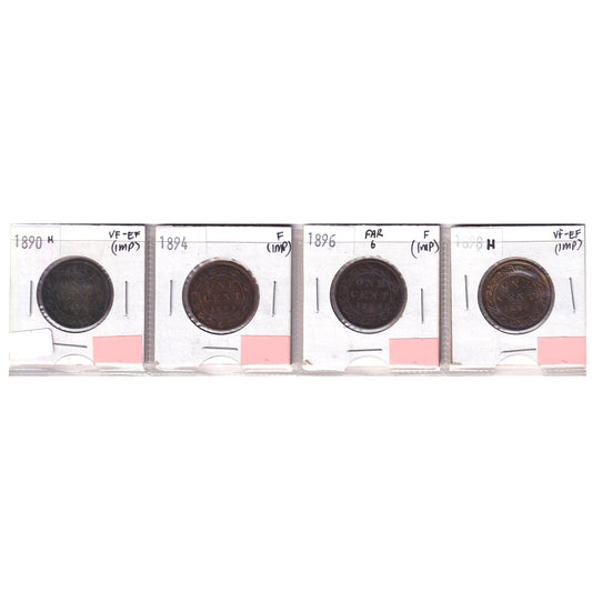 Group Lot of 4x 1890-1898 Canada 1-cent Fine to VF-EF, 4pcs (Impaired)