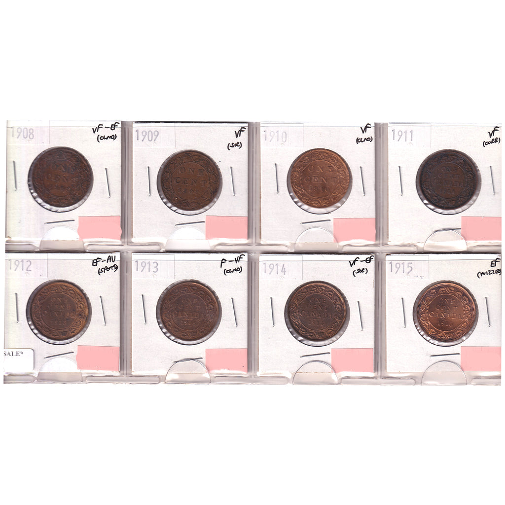 Group Lot of 8x 1908-1915 Canada 1-cent VF to EF-AU, 8pcs (Impaired)