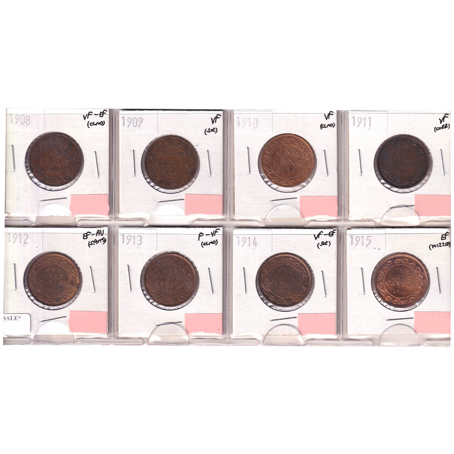 Group Lot of 8x 1908-1915 Canada 1-cent VF to EF-AU, 8pcs (Impaired)