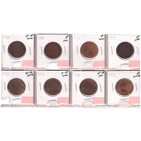 Group Lot of 8x 1908-1915 Canada 1-cent VF to EF-AU, 8pcs (Impaired)