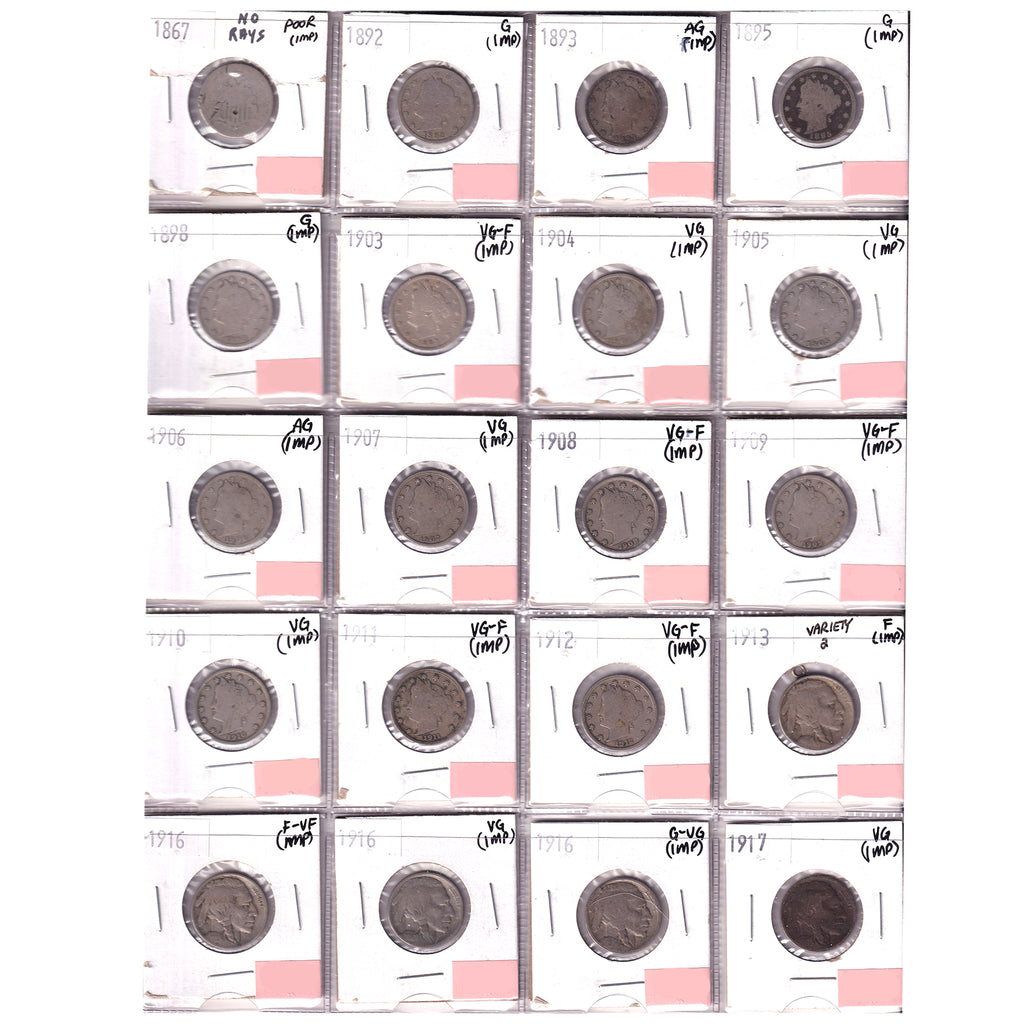 Group Lot of 20x 1867-1917 USA Nickels Poor to VG-F, 20pcs (Impaired)