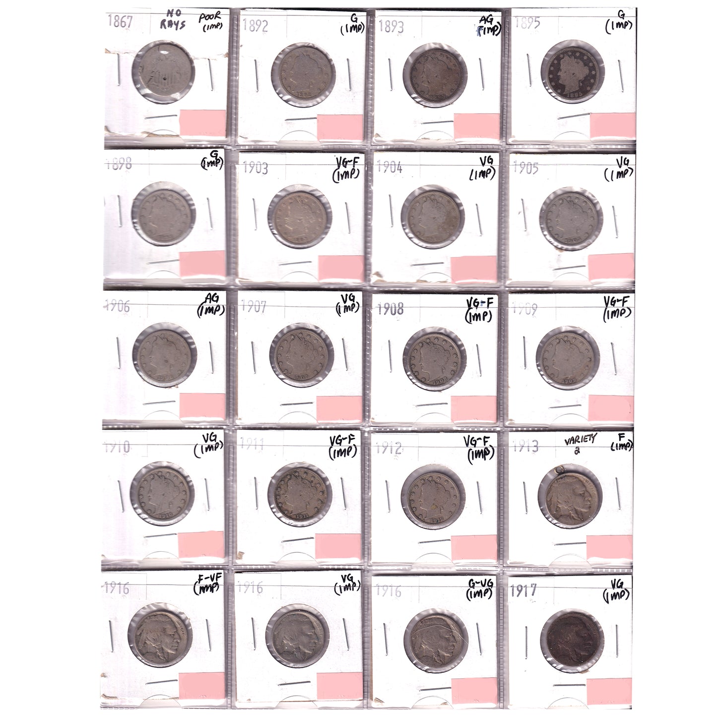 Group Lot of 20x 1867-1917 USA Nickels Poor to VG-F, 20pcs (Impaired)