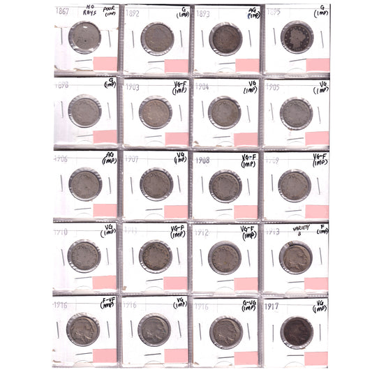 Group Lot of 20x 1867-1917 USA Nickels Poor to VG-F, 20pcs (Impaired)