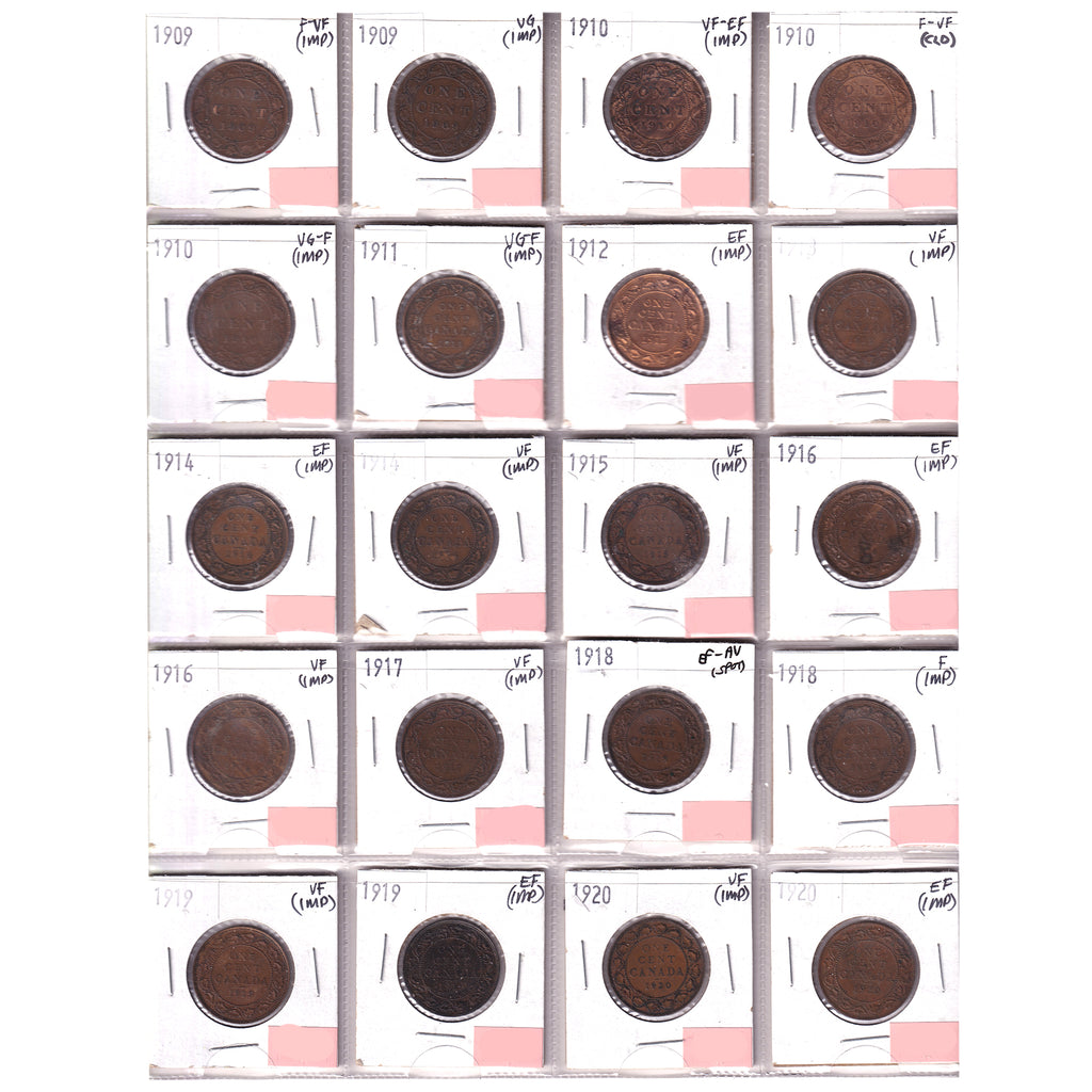 Group Lot of 20x 1909-1920 Canada 1-cent VG to EF-AU, 20pcs (Impaired)