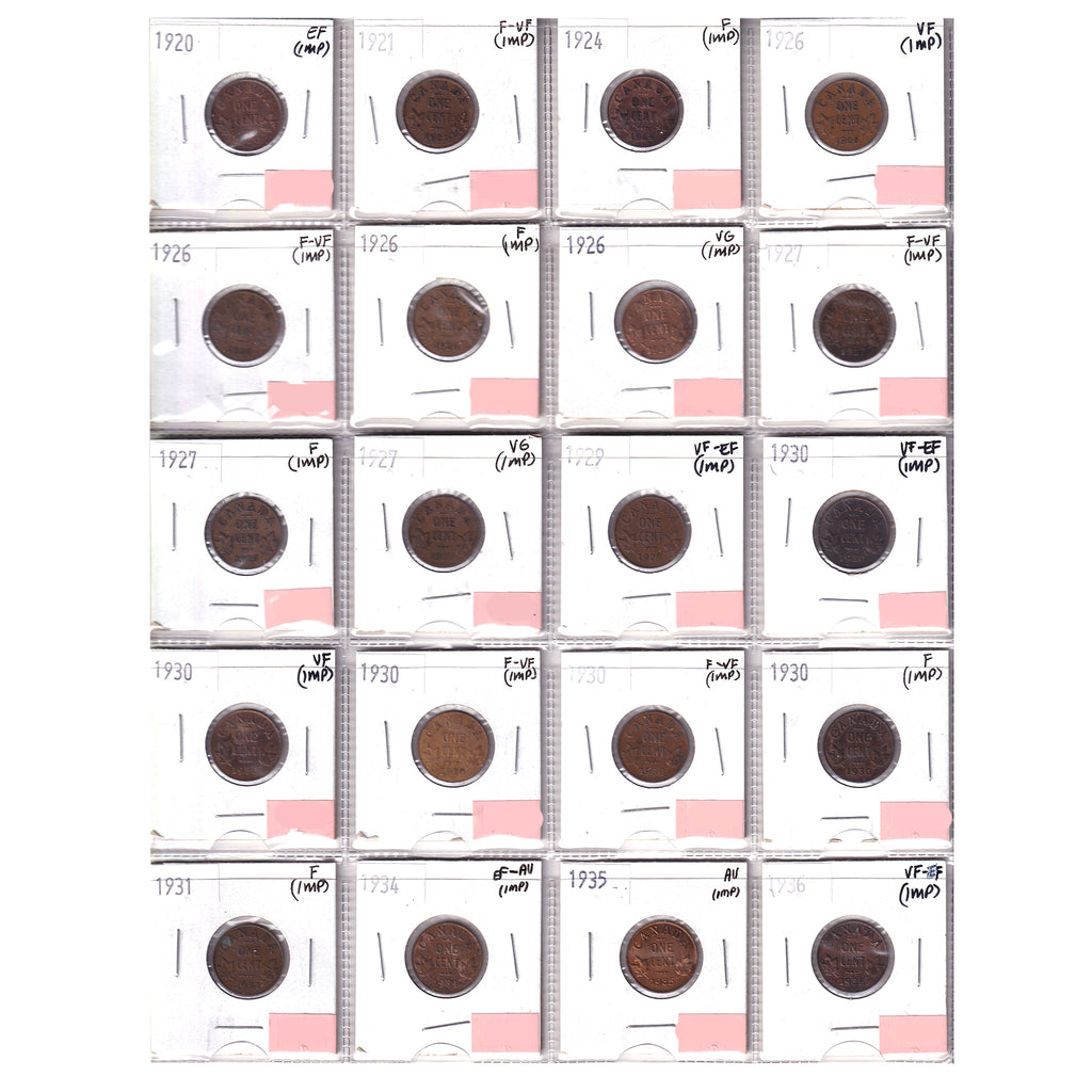 Group Lot of 20x 1920-1936 Canada 1-cent VG to AU, 20pcs (Impaired)