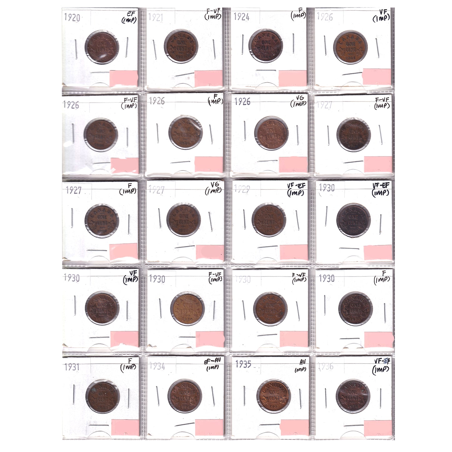 Group Lot of 20x 1920-1936 Canada 1-cent VG to AU, 20pcs (Impaired)