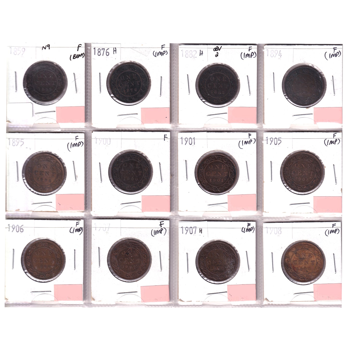 Group Lot of 12x 1859-1908 Canada 1-cent, All Fine, 12pcs (Impaired)