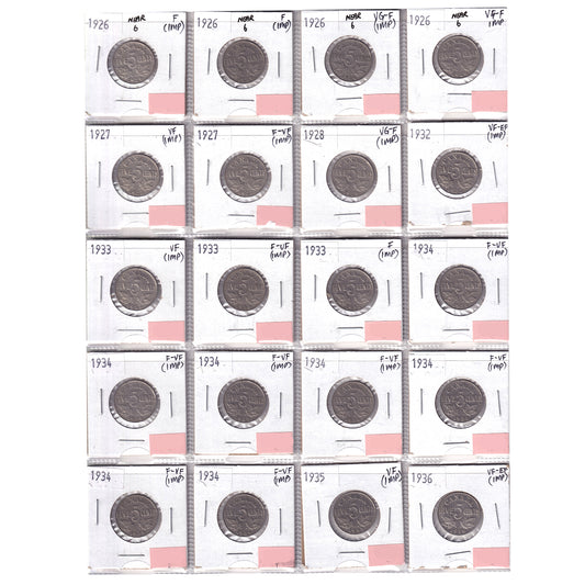 Group Lot of 20x 1926-1936 Canada 5-cents VG-F to VF-EF, 20pcs (Impaired)