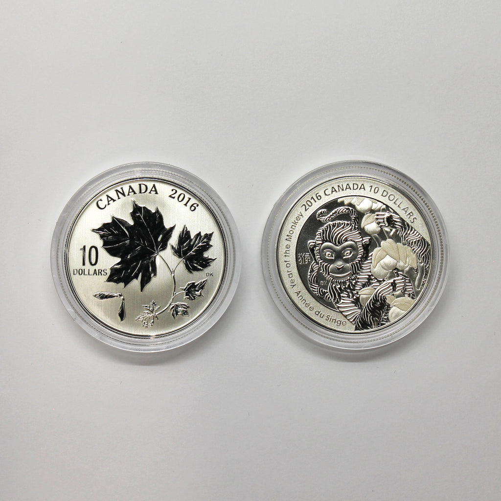 Pair of 2016 Canada $10 Fine Silver Coins, 2pcs (No Tax) Coins Only (Scratched Capsules)