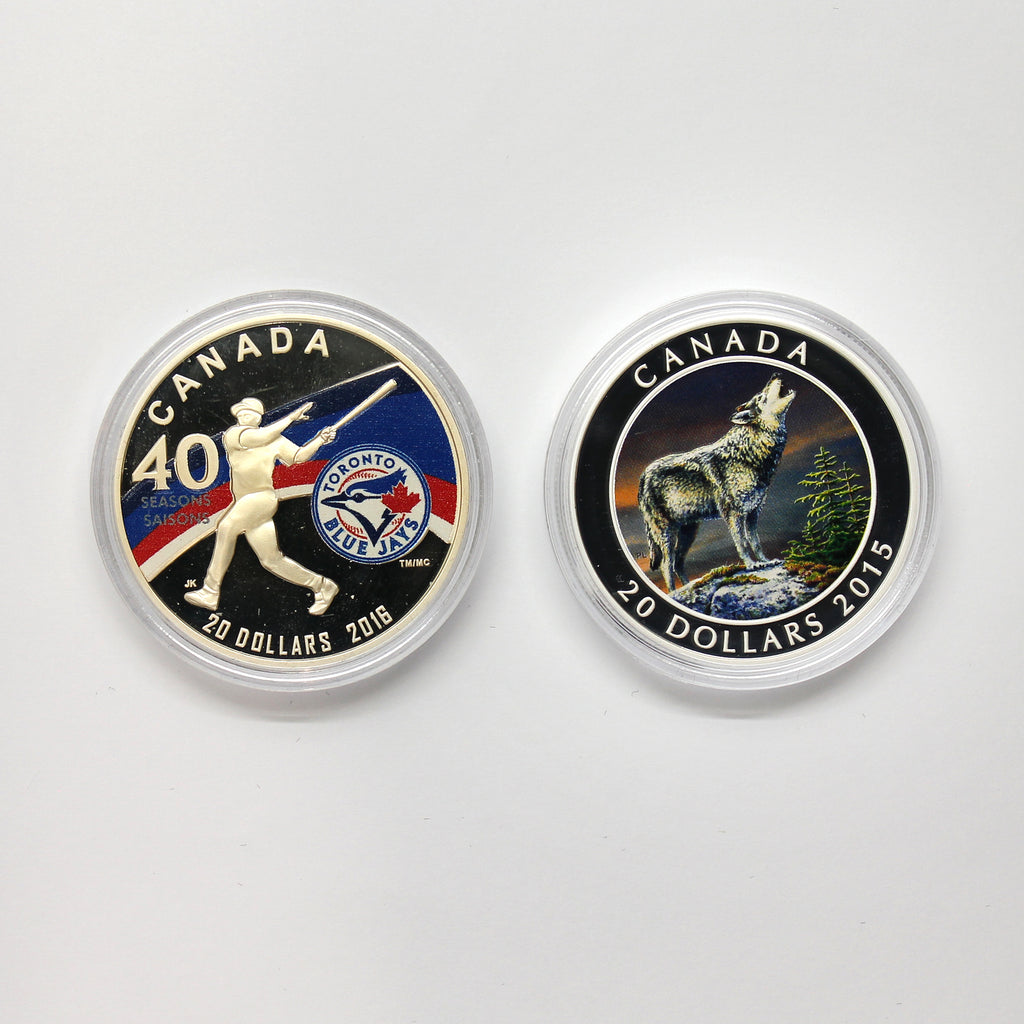 Pair of 2015-2016 Canada $20 Colourized Fine Silver, 2pcs (No Tax) Coins Only (Issues)