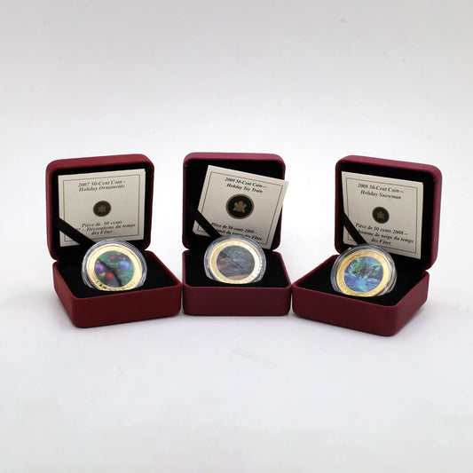 Lot of 3x 2007-2009 Canada 50-cent Holiday Lenticular Coins, 3pcs (Writing on Sleeves)