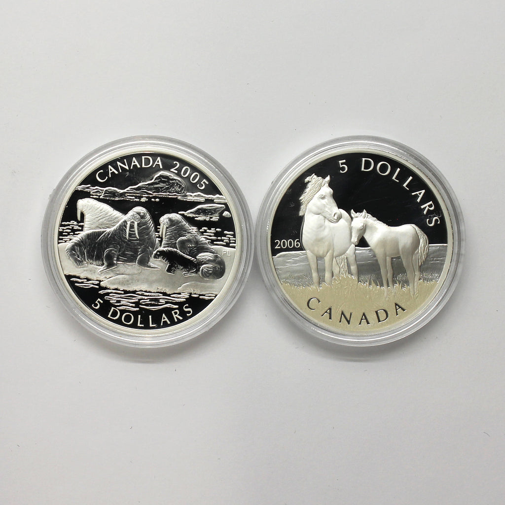 Pair of 2005 & 2006 Canada $5 Silver from Sets, 2pcs (No Tax) Coins Only (Scr. Caps)