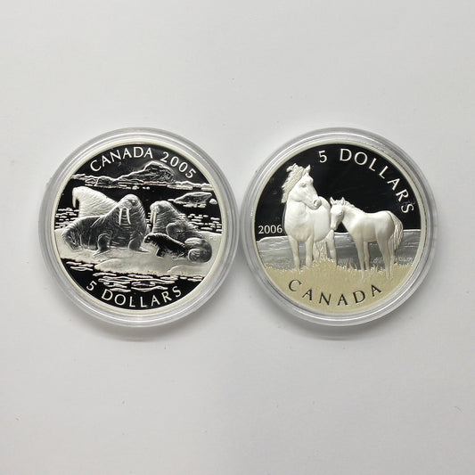 Pair of 2005 & 2006 Canada $5 Silver from Sets, 2pcs (No Tax) Coins Only (Scr. Caps)