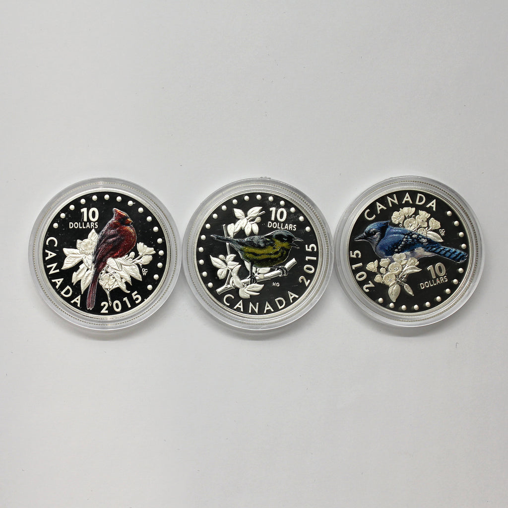 Lot of 3x 2015 Canada $10 Colourful Songbirds, 3pcs (No Tax) Coins Only (Scr Caps)
