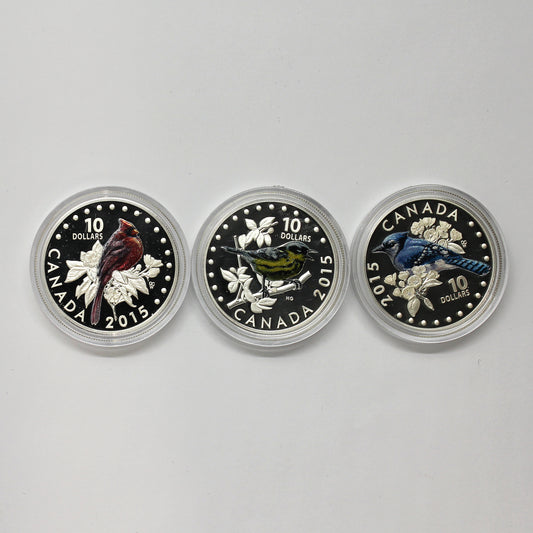 Lot of 3x 2015 Canada $10 Colourful Songbirds, 3pcs (No Tax) Coins Only (Scr Caps)