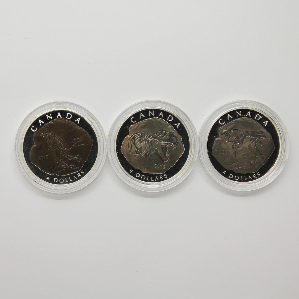 Lot of 3x 2007-2010 Canada $4 Dinosaurs Silver, 4pcs (No Tax) Coins Only (Scr. Caps)
