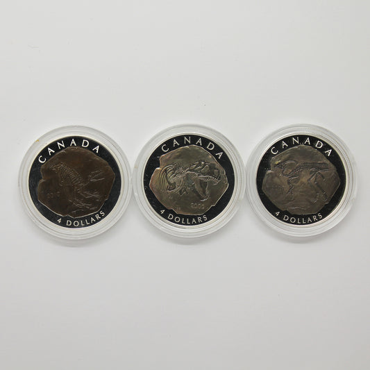 Lot of 3x 2007-2010 Canada $4 Dinosaurs Silver, 4pcs (No Tax) Coins Only (Scr. Caps)