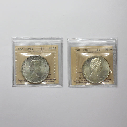 Pair of 1964 & 1965 Canada Dollars ICCS Certified MS64, 2pcs