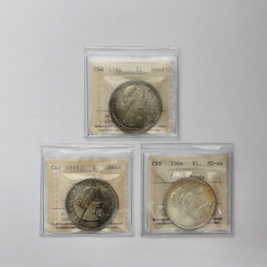 Lot of 3x Canada Dollars ICCS Certified MS64, 3pcs (Toned)