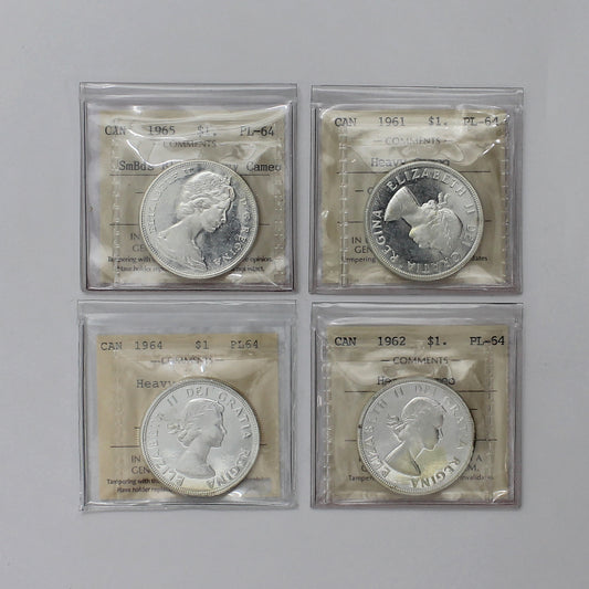 Lot of 4x 1961-1965 Canada Dollars ICCS Certified PL64 Heavy Cameos, 4pcs