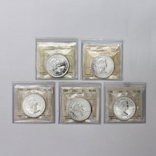 Lot of 5x 1960-1964 Canada Dollars ICCS Certified PL65, 5pcs