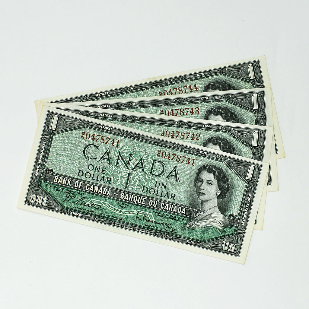 Lot of 4x Consecutive 1954 Canada $1 Notes, Beattie-Rasminsky, H/N, 4pcs