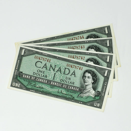 Lot of 4x Consecutive 1954 Canada $1 Notes, Beattie-Rasminsky, H/N, 4pcs