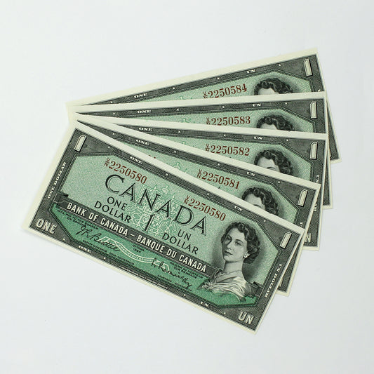 Lot of 5x Consecutive 1954 Canada $1 Notes, Beattie-Rasminsky, V/N, 5pcs
