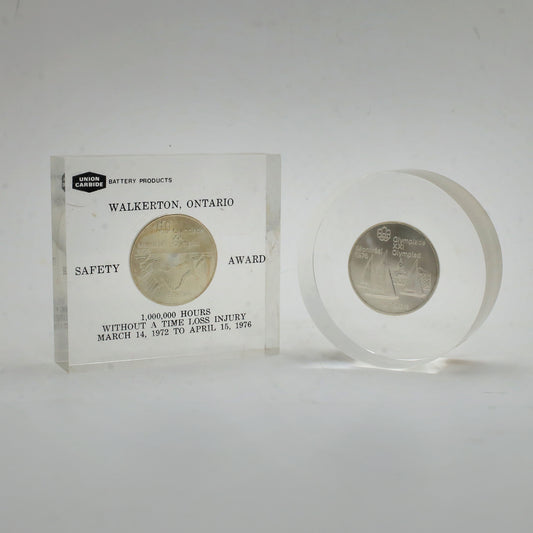 Pair of 1973 Canada $5 Montreal Olympics Sterling Silver in Lucite Displays, 2pcs
