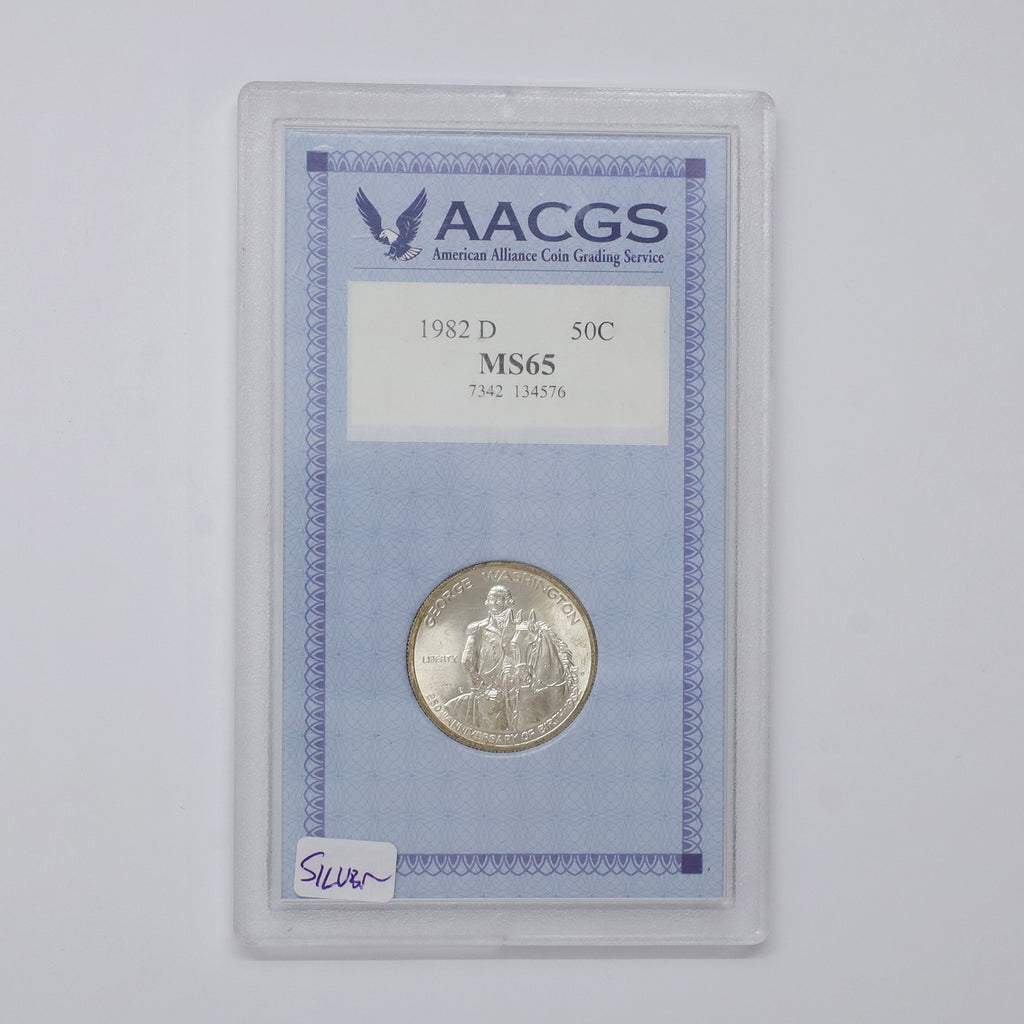 1982D USA George Washington 250th Anniversary .900 Silver Half Dollar AACGS Cert. MS65