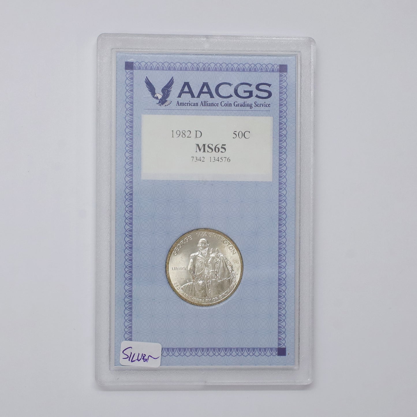 1982D USA George Washington 250th Anniversary .900 Silver Half Dollar AACGS Cert. MS65