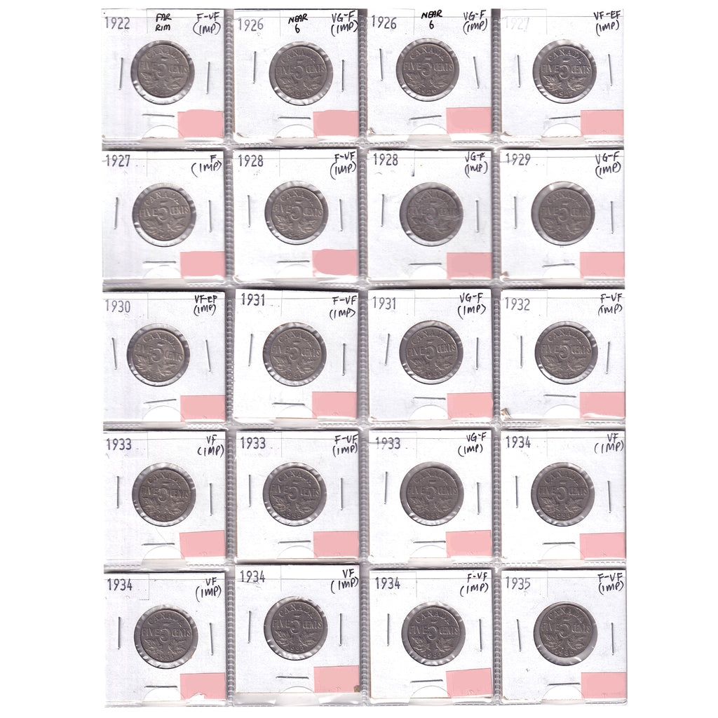 Group Lot of 20x 1922-1935 Canada 5-cents VG-F to VF-EF, 20pcs (Impaired)