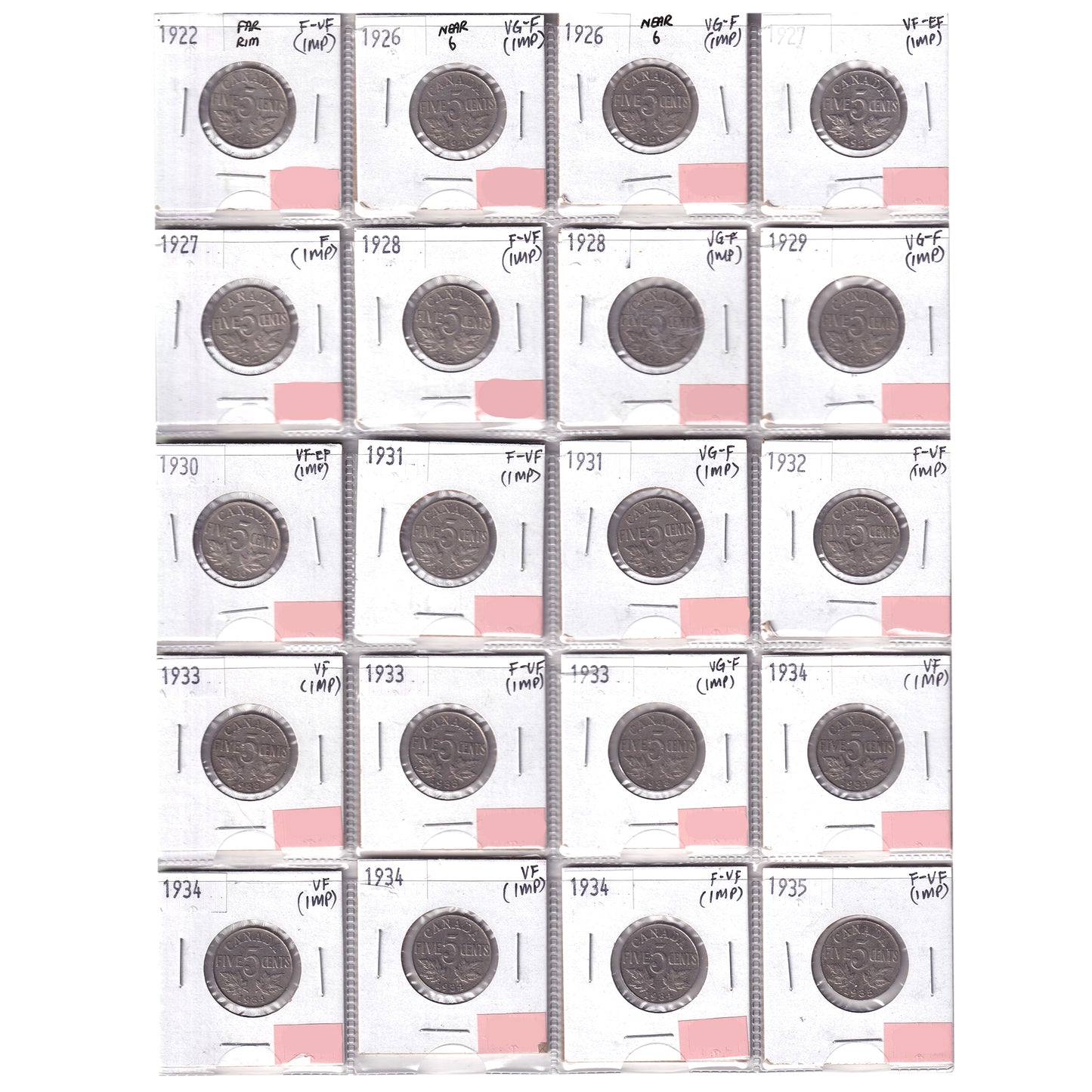 Group Lot of 20x 1922-1935 Canada 5-cents VG-F to VF-EF, 20pcs (Impaired)