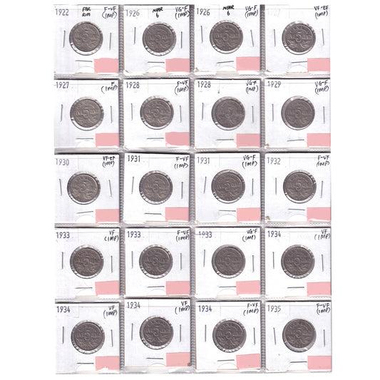 Group Lot of 20x 1922-1935 Canada 5-cents VG-F to VF-EF, 20pcs (Impaired)