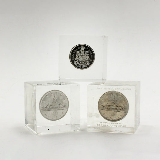 Lot of 3x 1961-1965 Canada Silver Coins in Lucite Cubes, 3pcs
