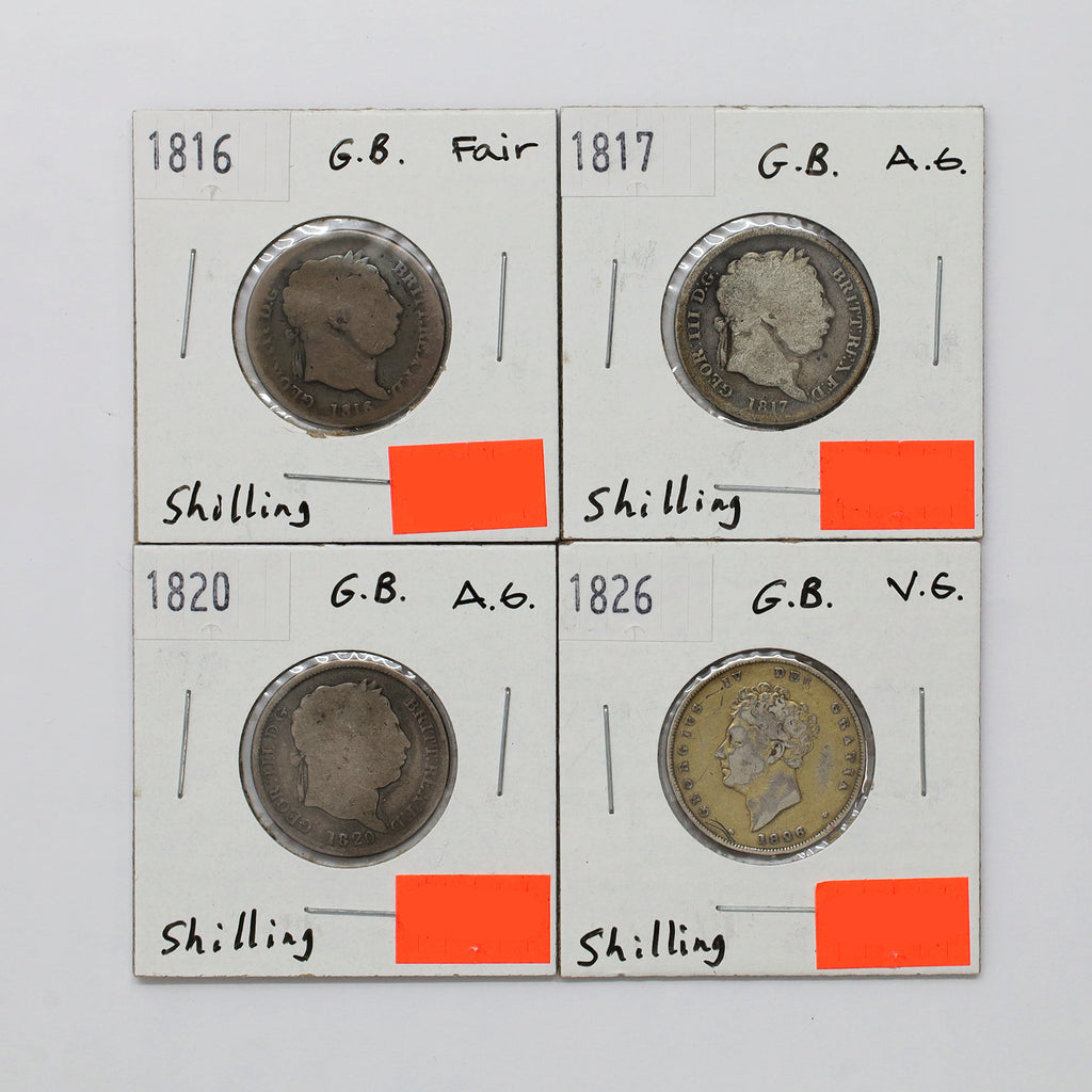 Lot of 4x Great Britain 1816-1826 Georgian Shillings, AG-F, 4pcs