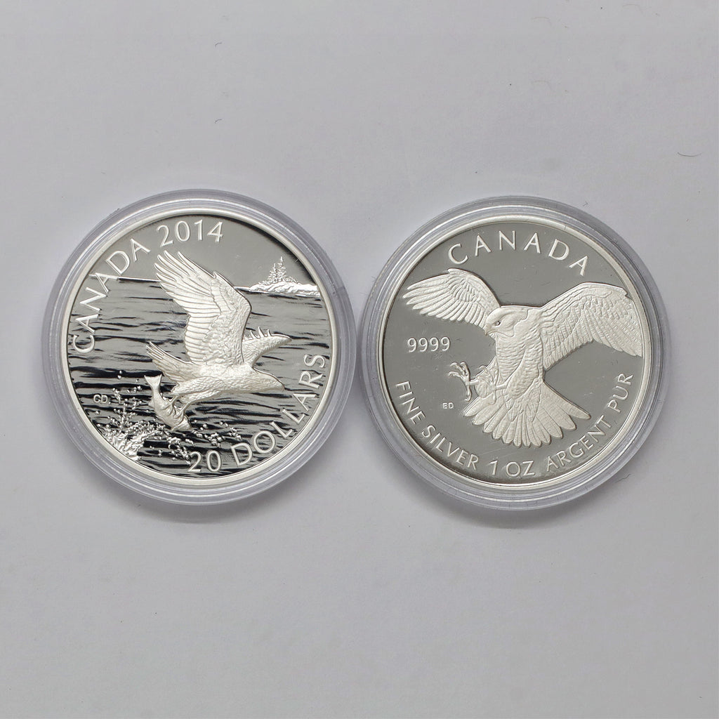 Pair of 2014 Canada $5 & $20 Proof Fine Silver Coins, 2pcs (No Tax) Coins Only, Scr. Caps