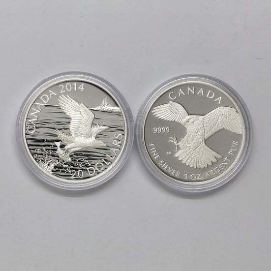 Pair of 2014 Canada $5 & $20 Proof Fine Silver Coins, 2pcs (No Tax) Coins Only, Scr. Caps