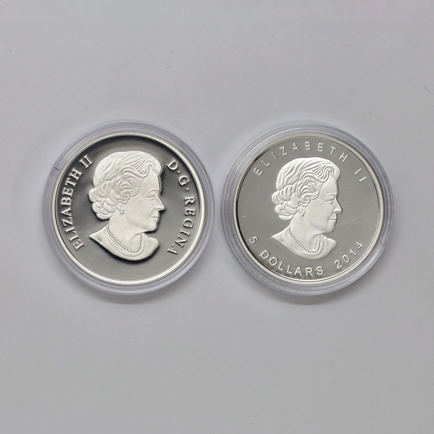 Pair of 2014 Canada $5 & $20 Proof Fine Silver Coins, 2pcs (No Tax) Coins Only, Scr. Caps