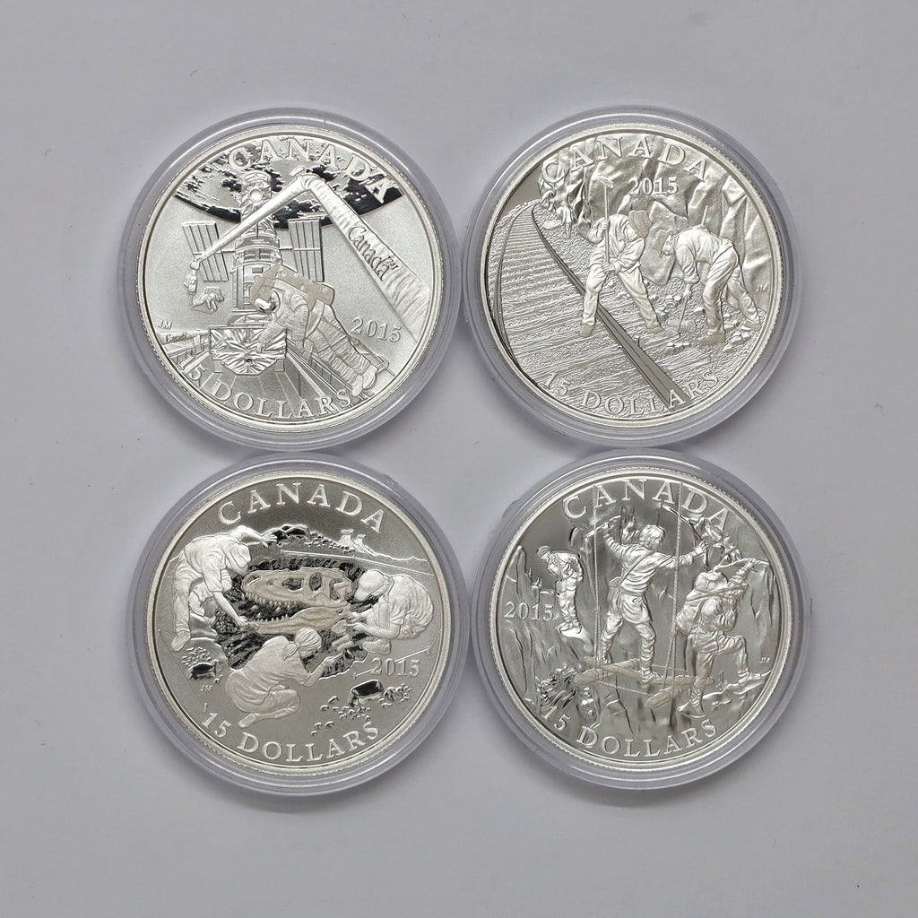 Lot of 4x 2015 $15 Exploring Canada Fine Silver Coins (No Tax) Coins Only, Scr. Caps