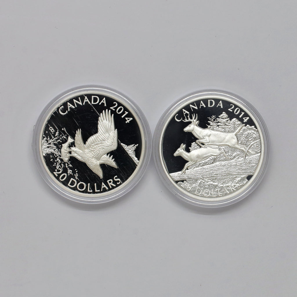 Pair of 2014 $20 Canada Wildlife-Themed Fine Silver Coins (No Tax) Coins Only, Scr. Caps