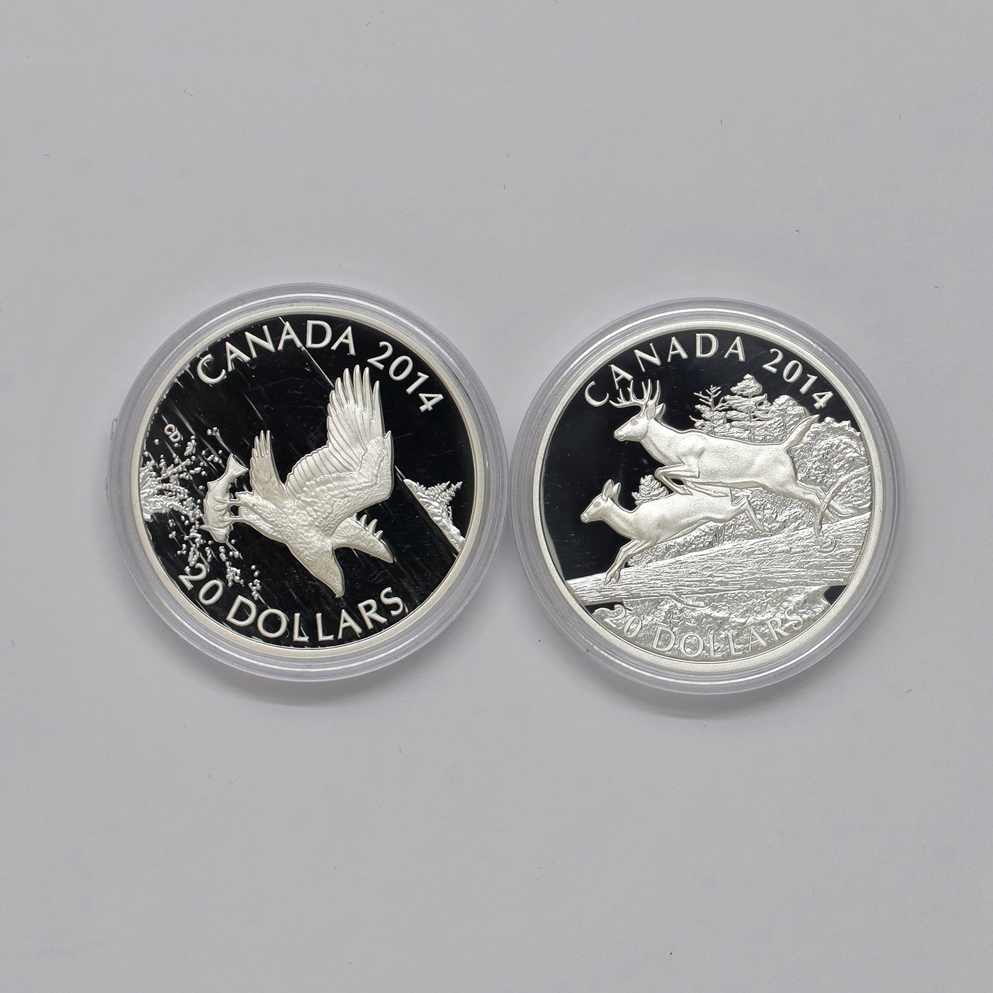 Pair of 2014 $20 Canada Wildlife-Themed Fine Silver Coins (No Tax) Coins Only, Scr. Caps