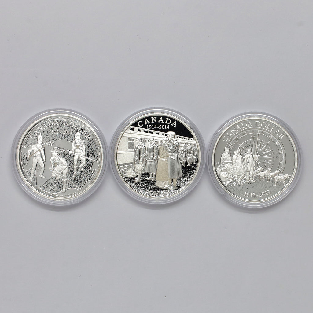 Lot of 3x 2012-2014 Canadian History Proof Silver Dollars (No Tax) Coins Only, Scr. Caps