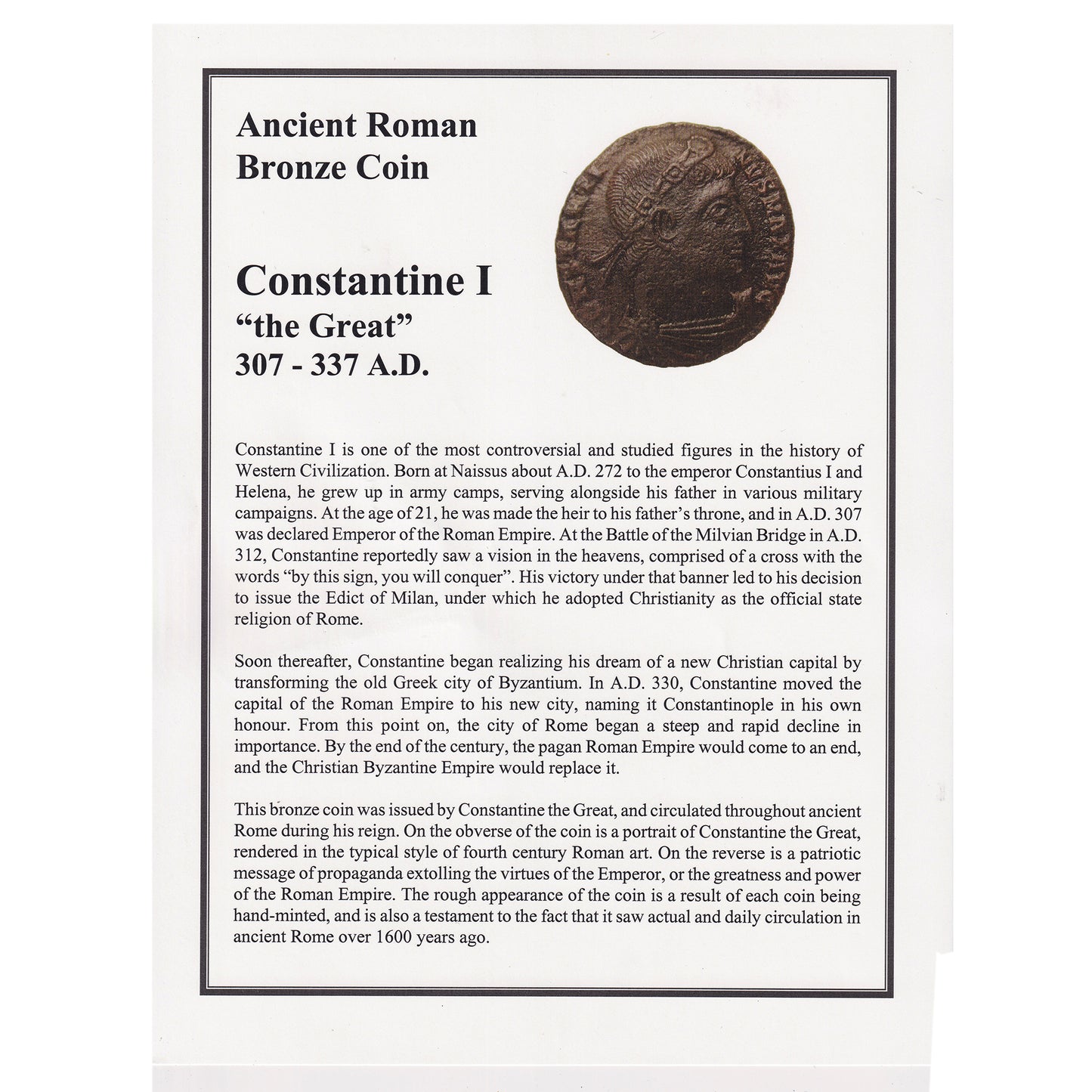 Ancient Rome 307-337 AD Constantine the Great Bronze Coin with Information Sheet